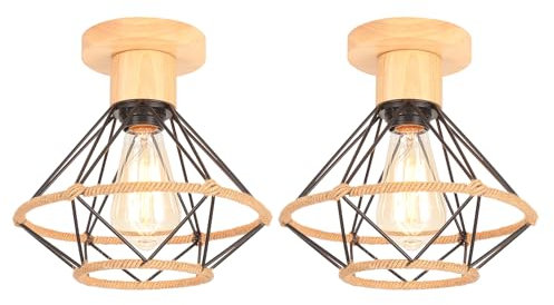 TOKIUS 2 Piezas Lámparas de Techo Vintage 22CM Retro Lámpara Colgante en Madera y Hierro Jaula con Cuerda de Cáñamo Negro Luz Plafón E27 Iluminación de Techo para Pasillo Dormitorio Salón Cocina