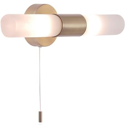 Modern Antique Brass IP44 Rated Bathroom Wall Light Fitting with Tubular Frosted Glass Shades | 2 x 5w G9 Required | 32cm x 10cm x 8cm | Pull Switched by Happy Homewares