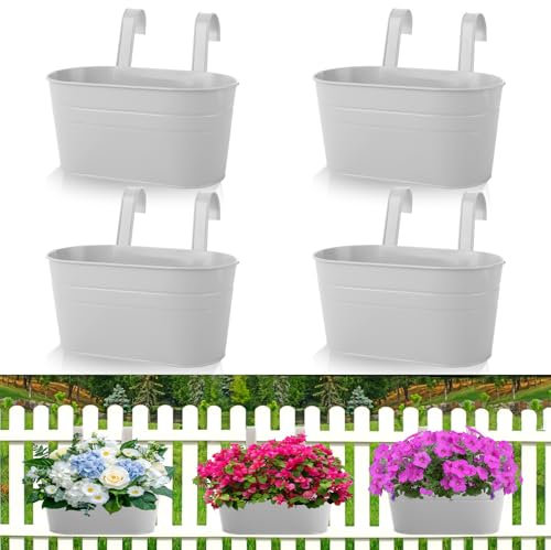 APACALI 4 Pack Metal Hanging Plant Pot, 27cm Balcony Planters for Railing, Over Fence Planters with Detachable Hooks, Hanging Flower Pots for Fence Garden Home Decor, Grey, Double Drainage Holes