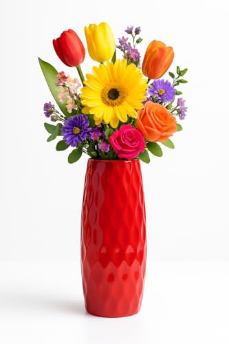 Elegant Red Vase 24cm, PVC, Modern Textured Wave Design for Long-Stemmed Flowers, Dried Arrangements, Home and Office Decor, Durable Lightweight Gift for Housewarming, Weddings, and More