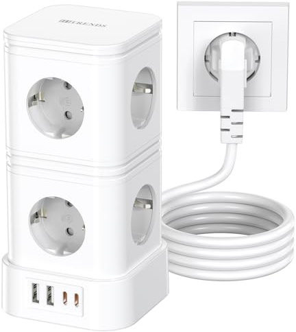 8-Fach Steckdosenleiste mit USB-C 20W PD & Überspannungsschutz (3680W/16A) - 8 Steckdosen + 4 USB mit Hauptschalter - 2m VDE-Kabel für Haushalt - Weiß