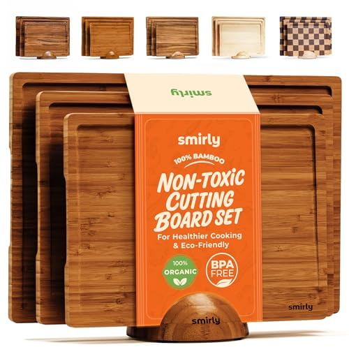 SMIRLY Wooden Chopping Boards for Kitchens - Reversible Bamboo Chopping Board with Deep Juice Grooves - Cutting Boards Set of 3 with Stand for Meat Fruit Vegetable Charcuterie - Dark Brown