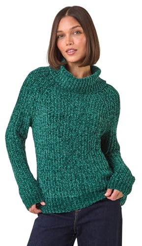 Roman Cowl Neck Chenille Knit Jumper for Women UK - Ladies Autumn Everyday Winter Holiday Long Sleeve Soft Warm Feel Comfy Chunky Top Office Desk Sweaters - Green - Size 14
