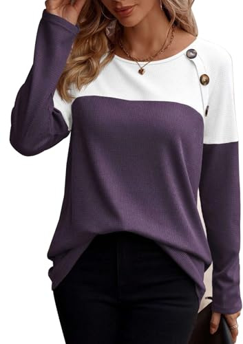 Awinclo Women Long Sleeve Tunic Tops 2025 Fall Tops Color Block Shirts Long Sleeve Crewneck Casual Waffle Sweatshirts Purple Medium
