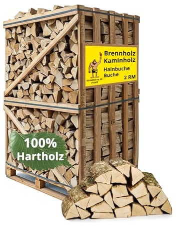 Neandertaler Feuer Brennholz Kaminholz Hartholz - 2RM Box 25 cm Holz für Kamin Ofen Pizzaofen Grill Smoker Kaminofen Holzofen | 2 Raummeter Feuerholz Buchenholz auf Palette | Firewood Woodfire
