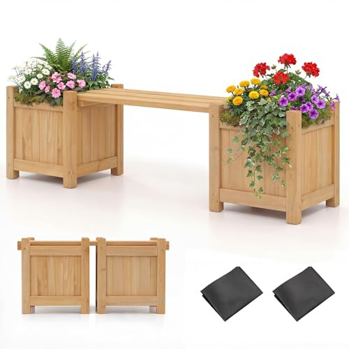 RELAX4LIFE Fioriere da Esterno con Panchina, in Legno di Abete, Panca da Giardino per 2 Persone, con Base a Doghe Removibile e Design ad Incastro, per Balcone e Terrazzo (Naturale,105x26,5x29,5cm)