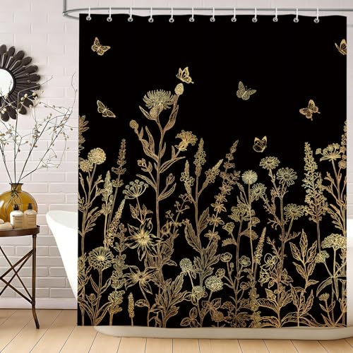 hometrixx Boho Tenda Doccia Nero Dorato Floreale Vintage Fiori 180x200cm