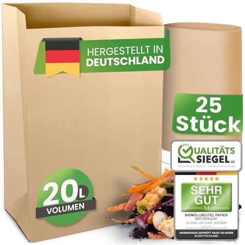 NATURALEAF® Biomüllbeutel 20L | 25 Stück | Bio Müllbeutel mit optimaler Stärke & Haltbarkeit | Kompostierbare Müllbeutel - die nachhaltige Entsorgungslösung für Gastronomie & Haushalt