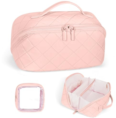 URAQT Borsa da Toilette, Beauty Case Grande da Viaggio, Portatile Borsa da Trucco, Beauty Case da Viaggio Cotone Morbido, Imbottitura ispessita, con maniglia e 1 Mini borsa, Perfetto per Viaggios,Rosa