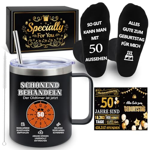 YSUVIN 50 Geburtstag Männer, Personalisiert Lustig Ideen Geschenk zum Papa Kollege Mann Freund Geburtstag Geschenk, Schonend Behandeln der Oldtimer ist Jetzt 40, Schwarz Thermobecher 350ml