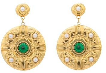 LUXENTER Ohrringe aus hypoallergenem Stahl mit Malachit und Finish in 18-karätigem Gold, Grün, lange Ohrringe, Damenschmuck, Modell Kiak