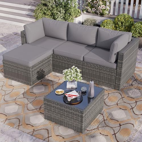 Aoxun Gartenmöbel Set Polyrattan 3-teilig mit 7,5cm dicken Kissen & Glas-Couchtisch, wetterfeste Gartenlounge Outdoor mit extra Langer 196cm Sitzbank, Stabiler Balkon Terrassen Außenmöbel Satz (Grau)