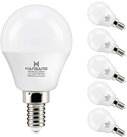 hansang 6 watt (60w Equivalent) LED Bulbs, E12 Small Base Candelabra Round Light Bulb, 600 Lumen, Warm White 2700K Ceiling Fan Light Bulbs, A15 LED Bulb Globe Shape, Non dimmable (6 Pack)