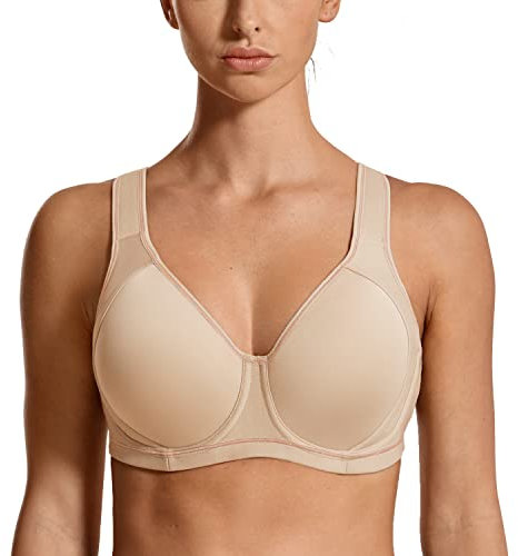 SYROKAN Women's Sports Bra High Impact Underwire Support Full Coverage Plus Size Molded Fitness Workout Bras Beige-A262 34F