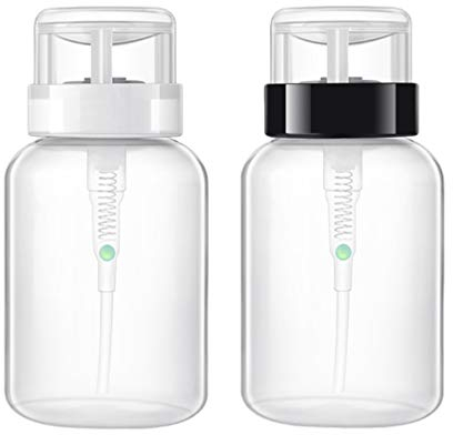 Minkissy 2pcs Push Down Bottle 200ml Lockable Nail Polish Remover Bottle Portable Pump Liquid Dispenser (Black Neck and White Neck)