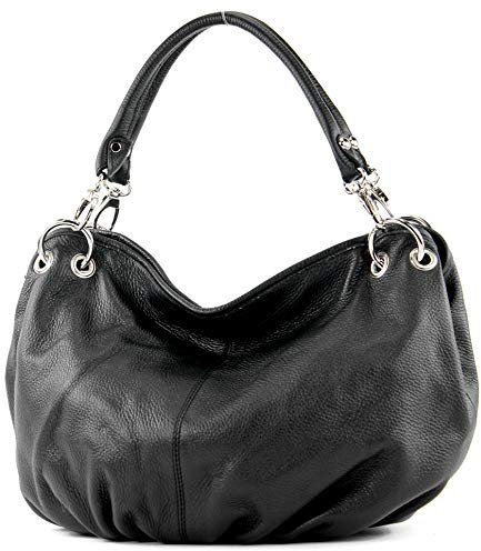 modamoda de IT40 Damen Leder/Nappaleder Schultertasche Hobo Bag handmade in Italy, Farbe:Schwarz Leder