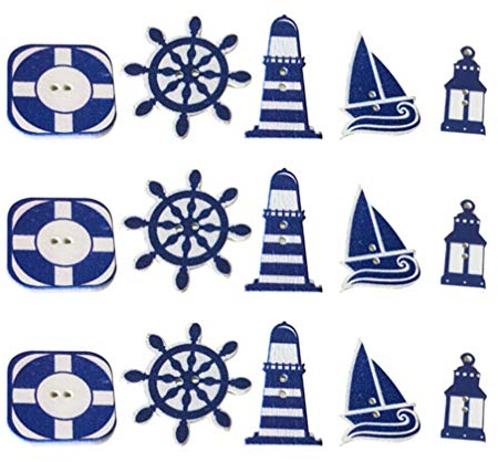 50 Holzknöpfe, nautisches Leuchtturm, Rettungsring, Schiffsrad, Segelboot, Knöpfe zum Nähen, Basteln, Sammelalbum