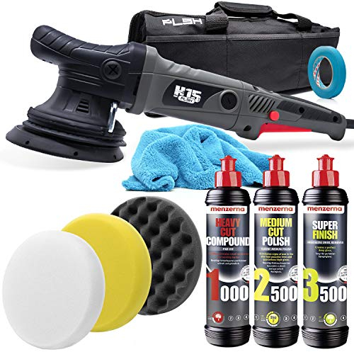 detailmate Auto Polier Set: PLSH H15 Exzenter Poliermaschine + menzerna Heavy Cut 1000 - Medium Cut 2500 - Super Finish 3500 + 3 passende Polierpads + 3M Band + detailmate Mikrofasertuch 550GSM
