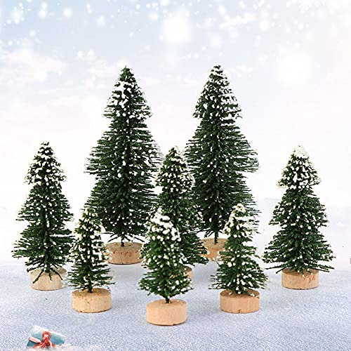 8Pcs Mini Artificial Christmas Trees Desktop Topper Snow Frosted Sisal Trees with Wood Base Cake Topper Deocr DIY Crafts Miniature Pine Tree for Home Xmas Party Tabletop Decoration (3 Size)