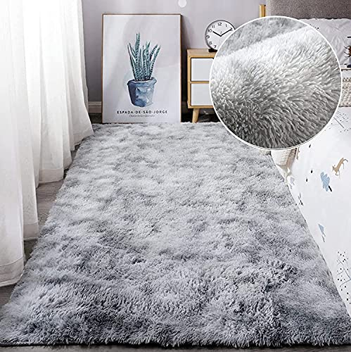 Leesentec Teppich für Wohnzimmer, Schlafzimmer, Jugendliche, Mädchen, Shaggy, modernes Design, Langflor, weich, rutschfest, großer Teppich für Kinder, Schlafzimmer (Grau/Weiß, 80 x 120 cm)