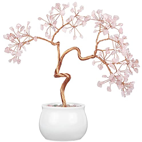 Nupuyai Rosenquarz Kristall Baum Feng Shui Edelstein Baum mit Keramische Basis, Glücksbaum, Geldbaum Geschenk, Hochzeit Deko für viel Glück 8-9,5 Zoll