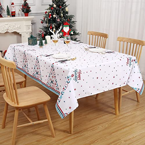 JOLLYTOP Mantel de Navidad para decoración de mesa de Navidad, impermeable, con estrella de árbol, decoración de fiesta en casa, lavable, a prueba de polvo, 54x79 pulgadas, blanco