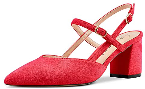 Aachcol Donna Chunky Blocco Medio Basso Tacco Heel Pumps Cinturino alla Caviglia Slingback a Punta Dress Scarpe Ufficio Feste da Matrimonio Scamosciato Rosso 6.5 CM 36 EU