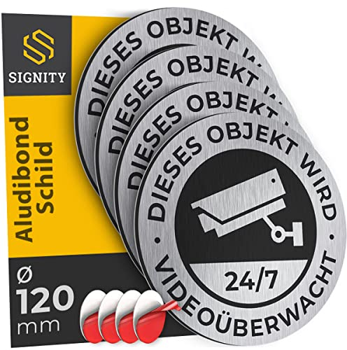 4-er SIGNITY Alu Schild Videoüberwachung (fi 120mm klein) - Alu Warnschild Kamera Überwachung - ideal zur Kamera Attrappe - Aluminium Schild - Achtung Videoüberwachung für Privatgrundstück