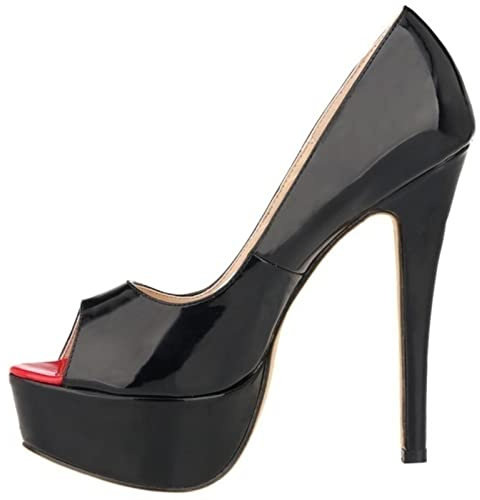 QIANKUN Sexy Open Toe Platform Women High Heels Super High Patent Leather High Heels Shoes Red Wedding Stilettos-Black,39