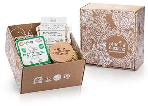 Officina Naturae Gift Box avec détergent vaisselle solide menthe solaire 180 g + brosse pour assiettes en fibre végétale et bois + porte-savon solide compostable végétalien