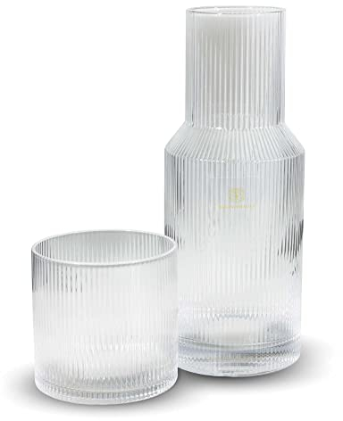 Bruno Magli Ribbed Clear Carafe | 2-Pc Set | Drinking Glass Tumbler Doubles as a Lid | Elegant Nightstand Water Pitcher with Matching Cup for Office, Home, & Guest Room D cor | Gift Boxed | 28-Oz