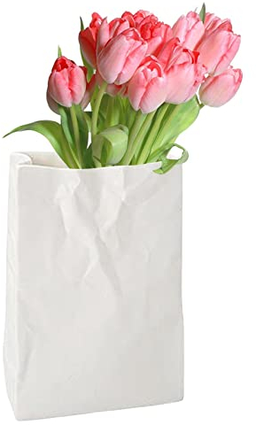 Crinkle Keramikvase – Buch Blumenvase – weiße Papiertüte Keramikvase, einzigartige quadratische breite Öffnung, plissiert, kleine Vasen für Zuhause