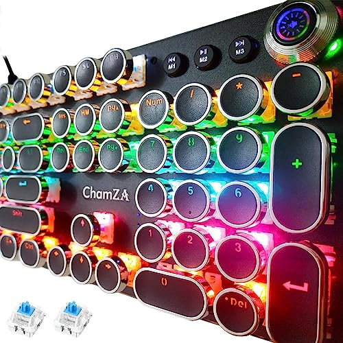 ChamZA Mechanical Keyboard Blue Switches w/Knob Wired Retro Typewriter Keyboard 104 Keys Gaming Keyboard RGB K820 - Black