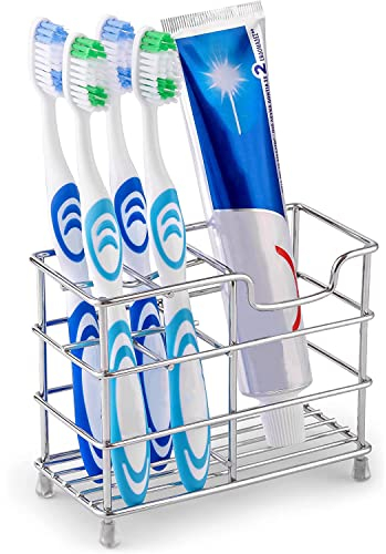 Zahnbürstenhalter aus Metall, 4 Fächer, belüftet, Wandhalterung, schimmelresistent, Edelstahl, Ständer für elektrische Zahnbürste, Zahnpasta, Rasierer, Rasierer, Kamm, Badezimmer-Werkzeuge (Silber)