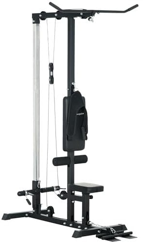 Soozier LAT Pull Down Machine Cable Station, High and Low Pulley System with Adjustable Seat and Flip-Up Footplate, for Home Gym, Black