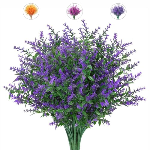 LSRVNM 12 Bündel Künstliche Blumen Lavendel, UV-Beständige Herbst Pflanzen Sträucher Plastik Blumen Deko, Kunstblumen für Tisch Haus Balkon Hochzeit Deko (Lila)