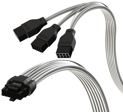 LINKUP - AVA 600W PCIE 5.0 16Pin (12+4) Cable de Alimentación de Alta Corriente | 16AWG, Moldeado, Soldado, PE | para PSU 3x8Pin PCIE 4.0 | Compatible con GPUs RTX50 y RTX40 y RTX30 FE | 40cm Blanco