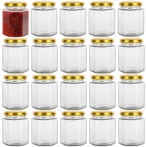 Yishik 6oz Hexagonal Glass Jars with Gold Lids,20 Pack Glass Jam Jars Canning Jar for Honey,180ml Food Storage Jars for Spices,Nuts,Fruits,Baby Food or Handmade desserts