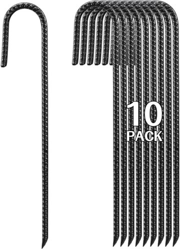 Rebar Stakes 40cm Heavy Duty, 10 Pack J-Shaped Tent Stakes, Ground Anchor Stakes for Landscaping Plants Fabric Tube Fence, Black
