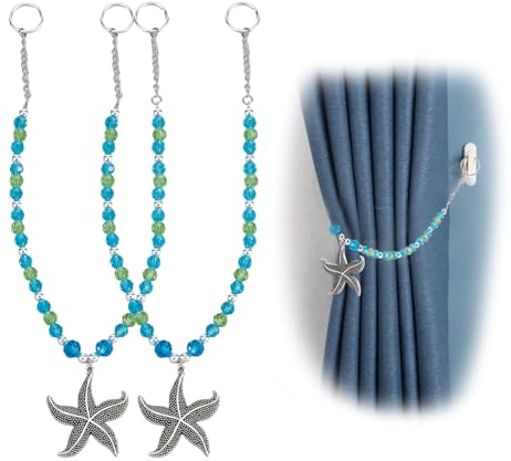 SUPERFINDINGS 2 Stück Glas Vorhang Raffhalter Vorhanghalter Mit Legierungs Seestern Anhängern Ozean Thema Dekorative Raffhalter Für Zuhause Schlafzimmer Büro Vorhänge Vorhänge 45cm