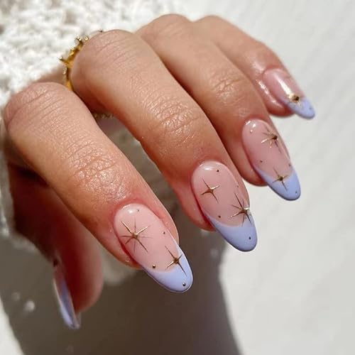 24pcs Short Almond False Nails French Tips Stick on Nails Blue Edge Gold Start Press on Nails Nude Pink Avrylic Fake Nails with Glue Removable Glue-on Nails Women Brides Nail Art Accessories