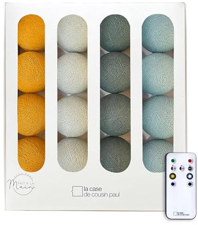 La Case de Cousin Paul Guirlande Lumineuse Chambre Enfant Boules Tissées LED, Télécommande, Programmable, USB, Fabriquée à la Main, Artisanale - 16 Boules (Paysage Champetre)
