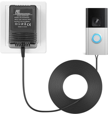 YUNYODA Doorbell Transformer, 24V 500mA Video Doorbell Power Adapter AC Power Supply Compatible with Ring Video Doorbell and Thermostat with 5M / 16ft Long Cable (Black)