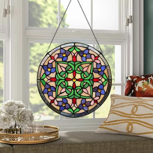 Handgefertigtes Buntglas-Fensterpaneel – 30,5 cm rundes Blumenmuster mit lebendigen Farben, elegante dekorative Hängekunst für Heimdekoration, inklusive 50,8 cm Kette und Haken (grüne Blume)