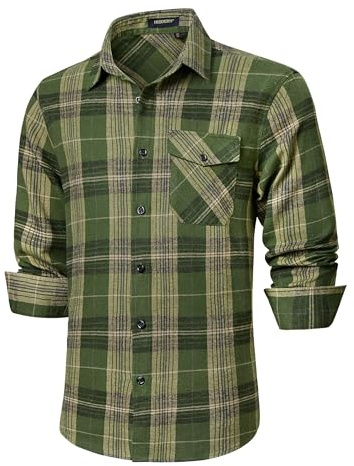 HISDERN Plaid Shirts Men Army Green Flannel Checked Shirt Casual Lumberjack Long Sleeve Shirt with Pockets 2XL
