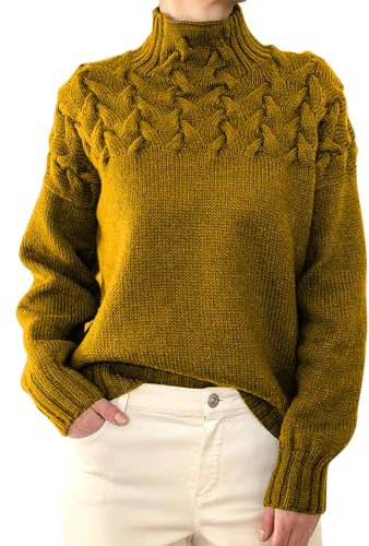 TEPTDirio Cashmere Jumper for Women - Funnel Neck Knitted Cable Knit Dress - Ladies Sweater in Cream and Black