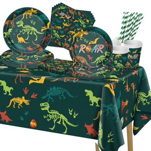 101 Pcs Dinosaur Birthday Decorations - Dino Party Decor Including Plates, Napkins, Cups, Tablecloth for Boys Kids Birthday Party Supplies, Serves 20