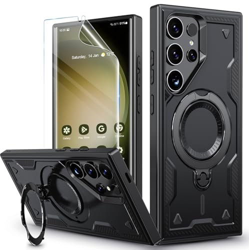 für Samsung Galaxy S23 Ultra Hülle, 360° Drehbarer Magnet Ständer Handyhülle mit Panzerglas,Militärische Stoßfest Ring Halter Schutzhülle für Samsung S23 Ultra Hülle 5G Armour Defense Case Panzerhülle