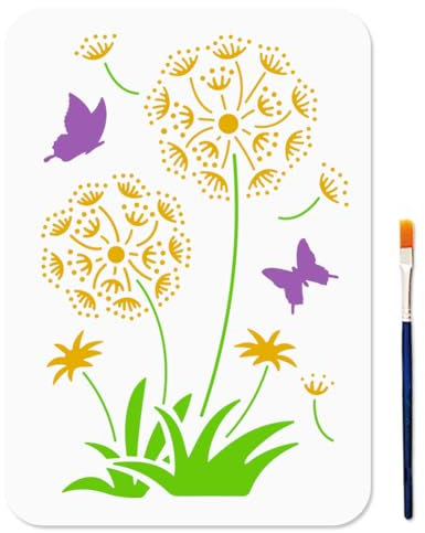 MAYJOYDIY Pusteblumen Schmetterlings Schablone 29.7×21cm Blumenmotiv Wiederverwendbare Kunststoff Schablonen Zum Malen Mit Pinsel Unkraut Blumen A4 Vorlagen Für Holz Wände Fenster Heimwerkerarbeiten