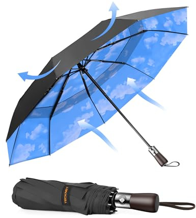 TECKNET Regenschirm, Automatik-Faltschirm, Taschenschirm sturmfest, leicht zu öffnen und zu schließen, hervorragende Stabilität Geeignet für regnerische und verschneite Tage